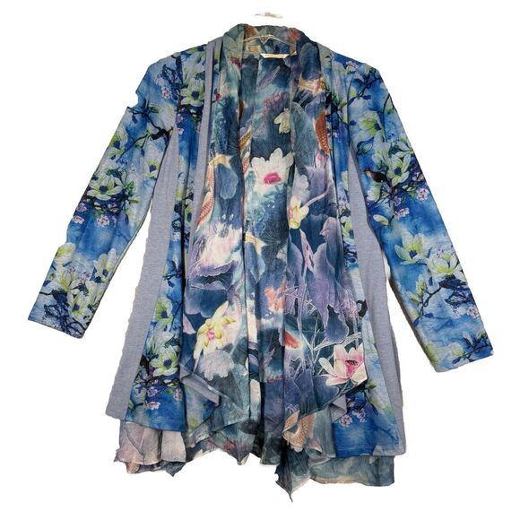 Soft Surroundings Sweater Womens Medium Blue Tea Garden Topper Floral Birds Boho - Picture 1 of 10